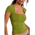 thumbnail image 2 of Biekopu Women T-shirt, Square Neck Short Sleeve Solid Slim Fit Summer Tops Clothes for Casual Daily, 2 of 6
