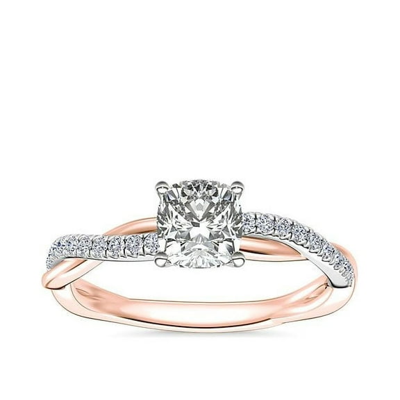 0.70 Ct Sparkle Twined Solitaire with Accents Cushion Natural Diamond Ring for Ladies in Solid 14K Rose Gold by Diamond-Capitals Size 7