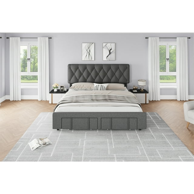 Queen Size Upholstered Platform Bed Frame with Button Tufted Headboard – 2 Storage Drawers – Sturdy Wooden Slats – Noise-Free – No Box Spring Needed –– Color: QUEEN - Gray