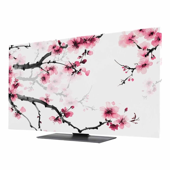 Indoor TV Cover 55 Inch, Cherry Blossoms Elastic Monitor Dust Covers for Television, Desktop Computer Pink Pastoral Modern Gradient Spring Dustproof Fitted TV Cover for Inside 47.9"L x 26.9"H