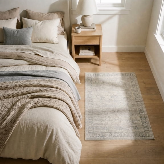 Harlow Hill Villa 2' x 3' Beige/Blue Bordered Performance Indoor Area Rug