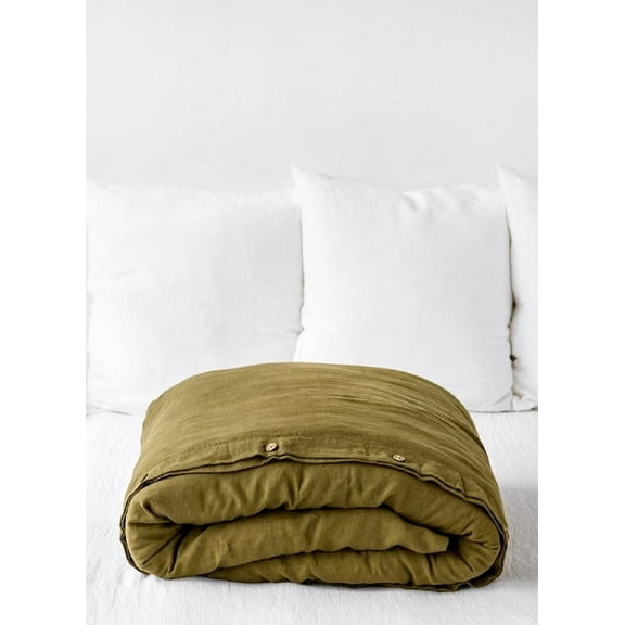 Pavish Export Linen Duvet Cover In Olive Green Stonewashed Natura Quilt Cover Set With 2 Matching Pillow Sham King