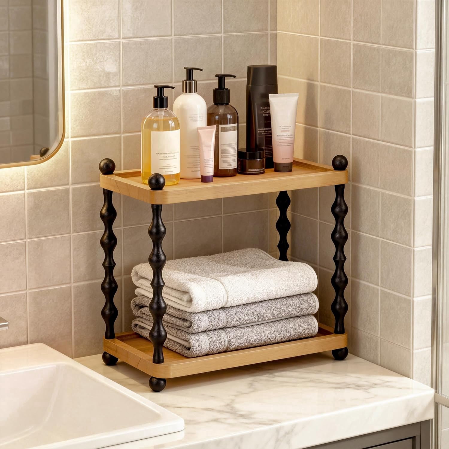 2-Tier Bathroom Counter Organizer , Wood Countertop Organizer for Storage, Skincare Organizers for Vanity, Counter Shelf for Bathroom Organization