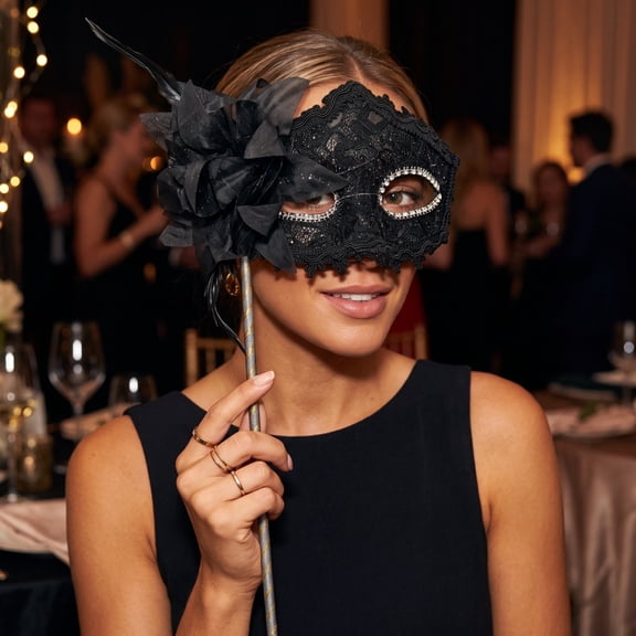 Lace Masquerade Mask, Black Masquerade Mask for Women 15 Inch, Masquerade Mask with Stick, Elegant Mask Accessory, for Halloween Masquerade Parties, Black Floral Accent, 1 Pack