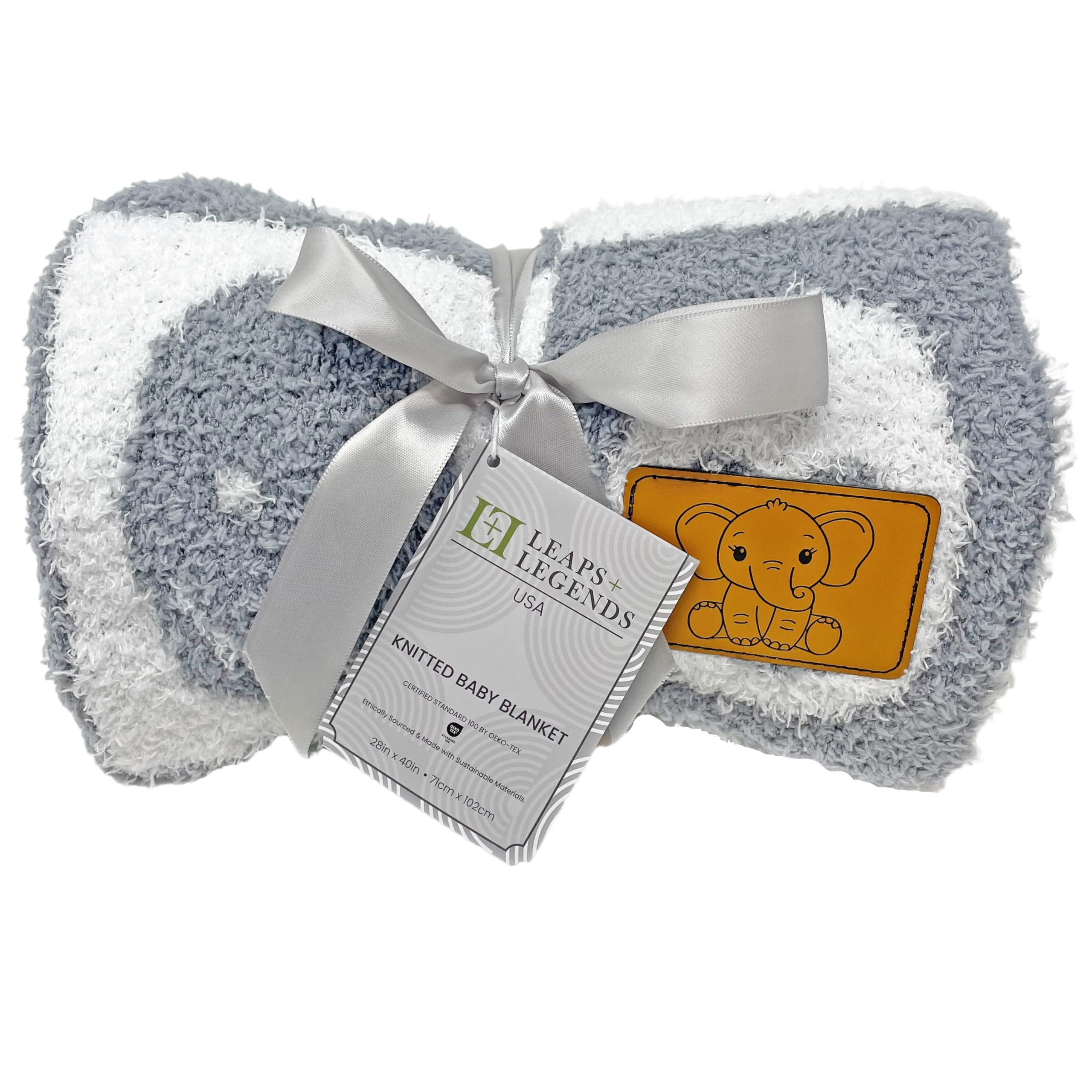 Checkered Smiley Face Baby Blanket 28"x40" with Leather Patch - Soft Knitted Throw - Receiving Blanket/Newborn Gift Gray/White