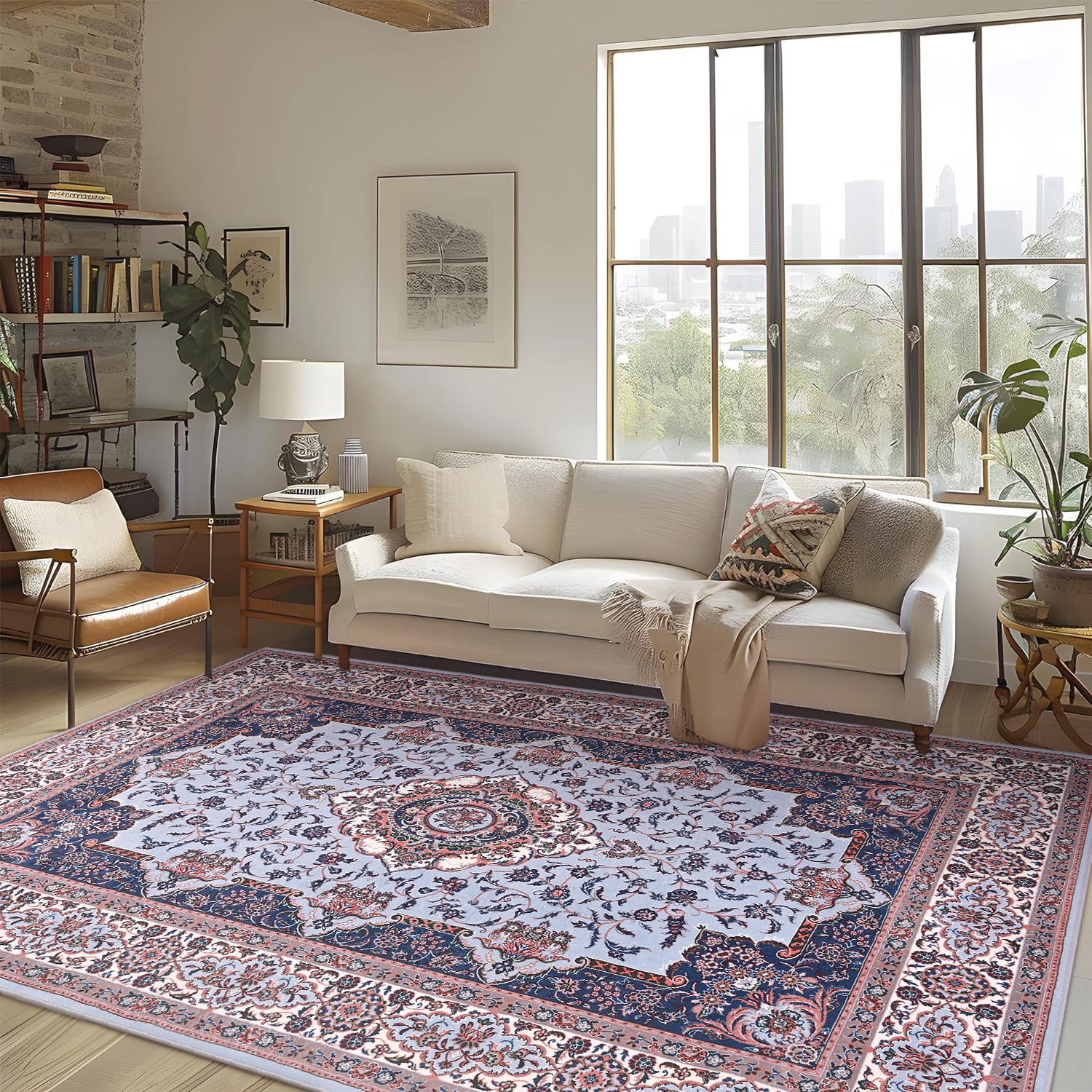 Lochas Vintage Accent Rugs Distressed Print Area Rug Low Pile Carpet for Living Room Bedroom Home Decor,Blue,4'x6'