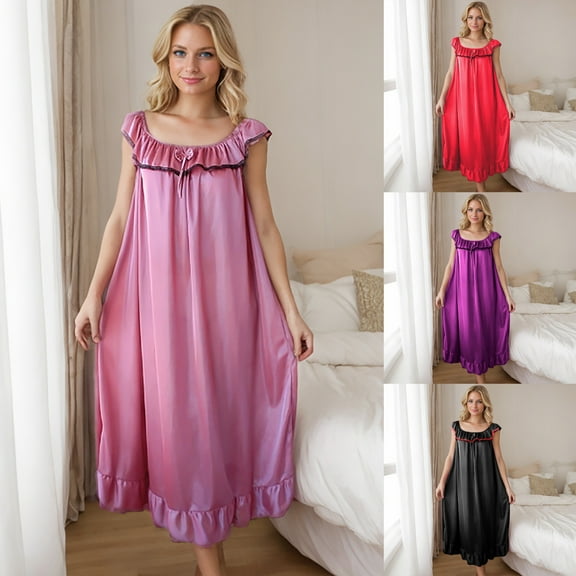 Oksale Womens Ruffle Trim Silk Nightgown Cooling Soft Cozy Square Neck Midi Sleepwear Sexy Sleeveless Pajama Dress Lightweight Loungewear Watermelon Red Free Size