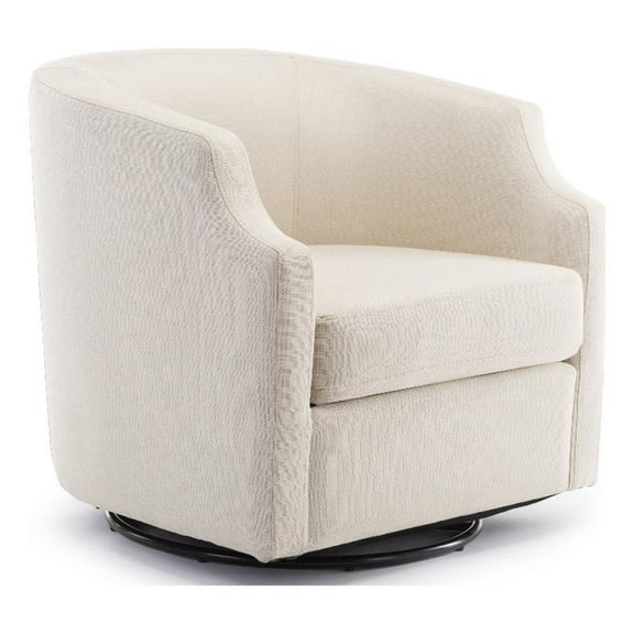 Pemberly Row White Linen Fabric Upholstered Swivel and Rocker Barrel Chair