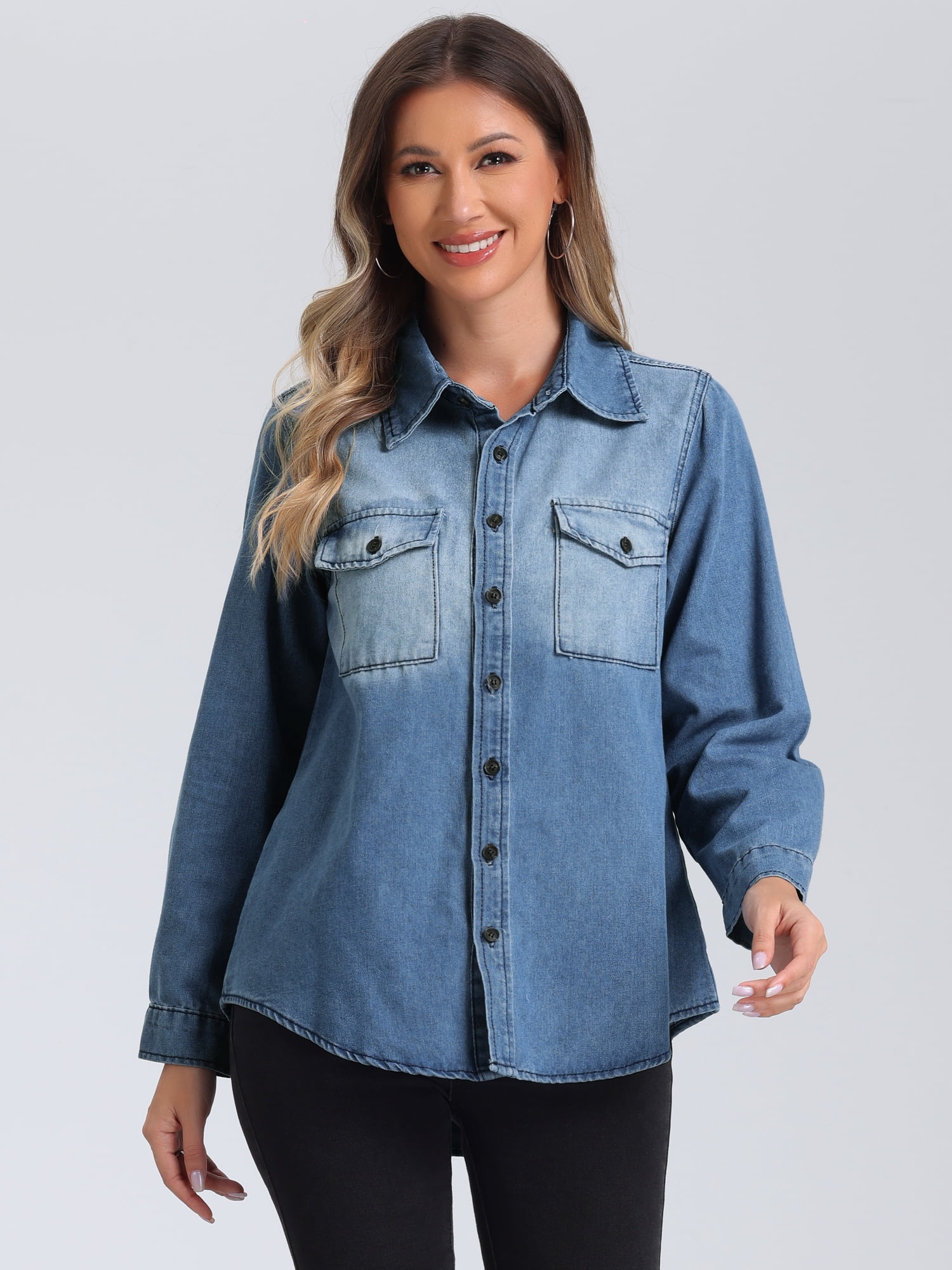 DARING DIVA Women's Trendy Long Sleeve Button Down Washed Denim Jacket XL Light Blue