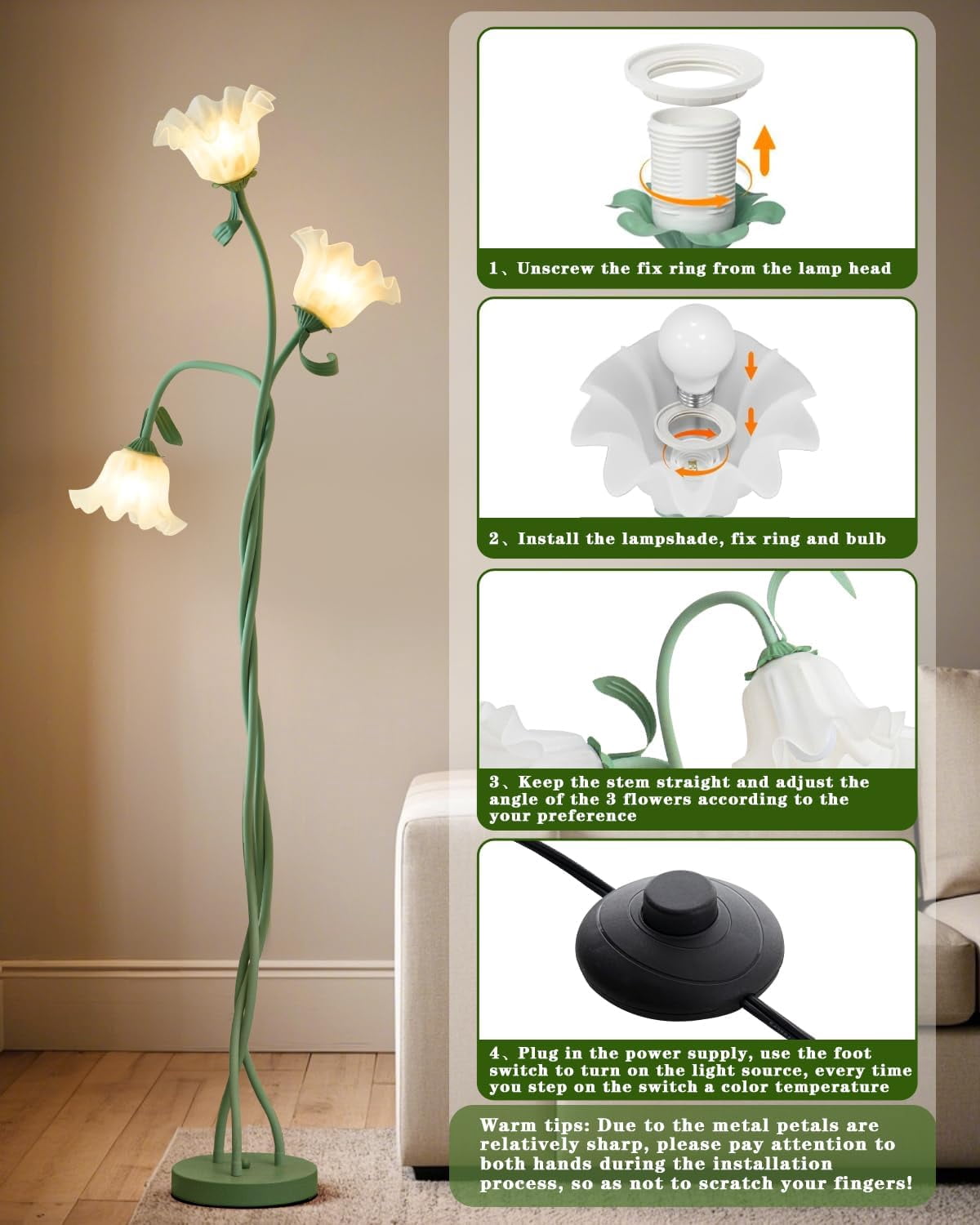Flower Floor Lamp - Retirement Gift for Woman, LED Standing Lamp for Living Room 3 Color Modes Flexible Gooseneck Corner Light with LED Bulb for Home Bedroom Office Decor (Green)