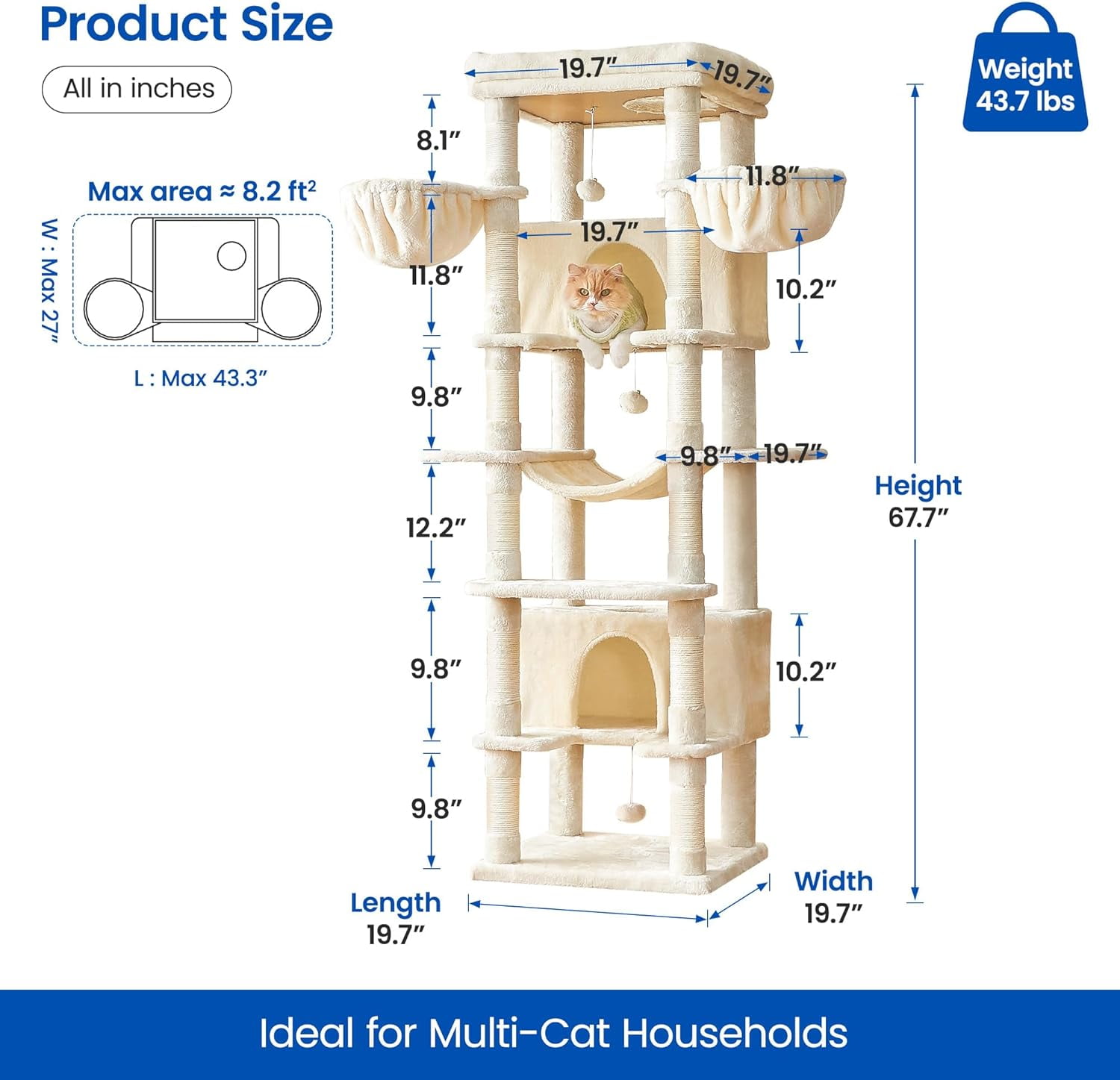 WSWJY Large Cat Tree, 67.7-Inch Tall Tower for Indoor Cats With 2 Condos, Multi-Level Stand With 3 Hammocks, Wide Perch, Scratching Posts, Dangling Toys, Beige
