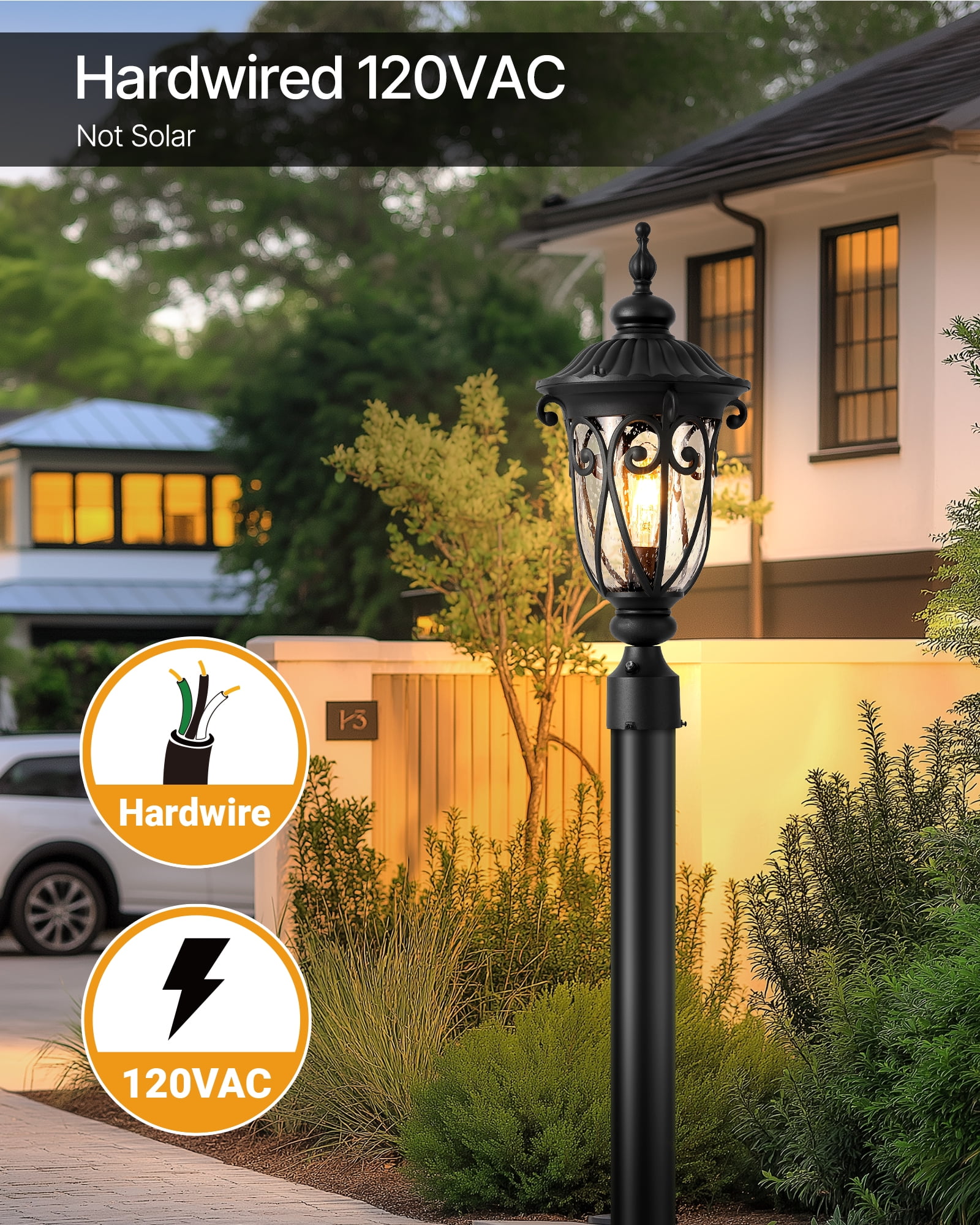 VIANIS 23.8" Large Outdoor Post Lights, Black Dusk to Dawn Outdoor Post Light, Waterproof Aluminum Retro Style Post Lights Outdoor with Glazed Bubble Glass for Driveway, Yard, Garden, 120V AC