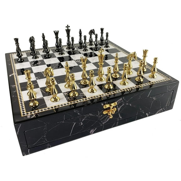 Brass Metal Spiked Qn Staunton Chess Set w/ 17" Black Faux Marble Storage Board