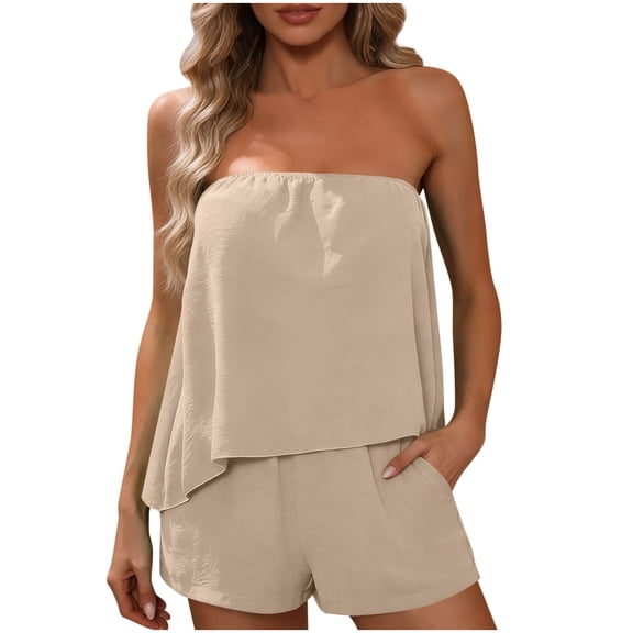 2 Piece Shorts Sets for Women Strapless Tube Top Elastic Sleeveless Lightweight Beach Casual Travel Outfits (XL, Beige)