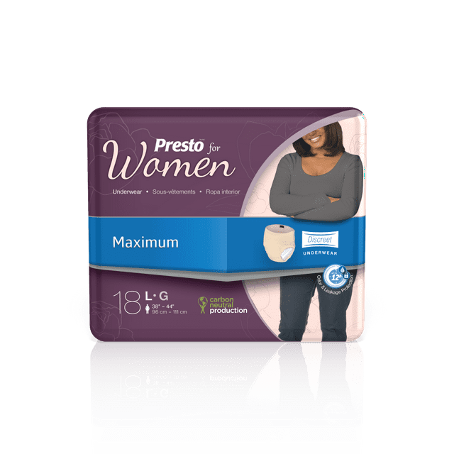 Presto Maximum Discreet Incontinence Underwear For Women Disposable, Odor Eliminator, Large