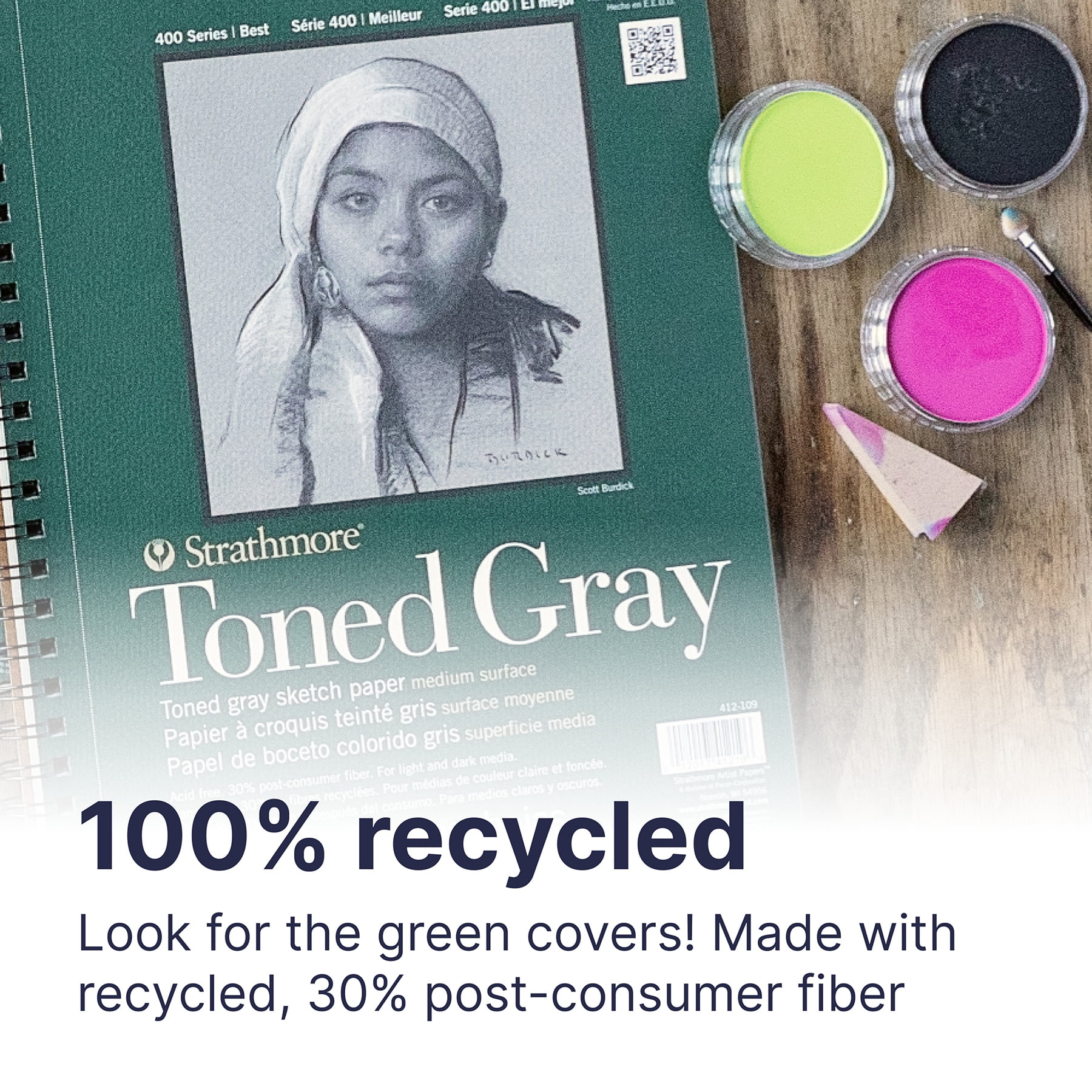Strathmore 400 Series Sketch Pad, Recycled, Toned Gray, Side Wire Binding, 50 Sheet, 9x12 inch, Pack of 3