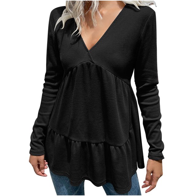 Mujeres Casual Moda Pullover Manga Larga Con Cuello En V Blusas Camiseta Soild Pompotops FGAJ15077