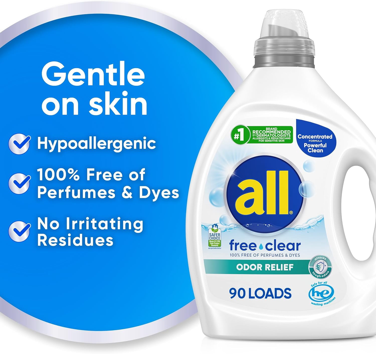 Laundry Detergent Liquid, Free Clear for Sensitive Skin, Odor Relief, Unscented and Hypoergenic, 2X Concentrated, 90 Loads