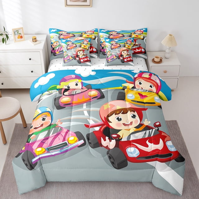 Cartoon Vehicle Bed in a Bag Twin 7 Pieces - Twin Size Comforter Set,Racing Car Bedding Sets Kids Extreme Sports Bed Set with Comforter,Sheets,Pillowcases & Shams