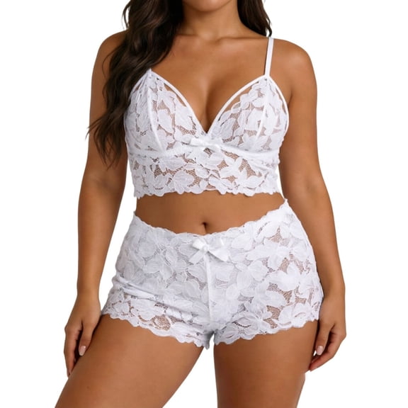 Yuanlook Women Plus Size Lace Loungewear Set, Spaghetti Strap V Neck Cami Crop Top & High Waist Shorts Bow Decor Daily Sleep Outfit S-XXXXL