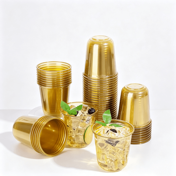50 Pcs Gold Plastic Cups, 12oz Disposable Stemless Wine Glasses for Cocktail Clear Cocktail Wine Glasses Gold Party Cups for Meeting Wedding Graduation Holiday Party