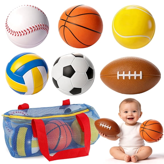 Aijohnny 6 Pcs Foam Balls, Indoor & Outdoor Play Set with Soccer Ball, Basketball, Football, Baseball & Tennis Ball, Birthday Gifts for Kids 3-12 Year Old