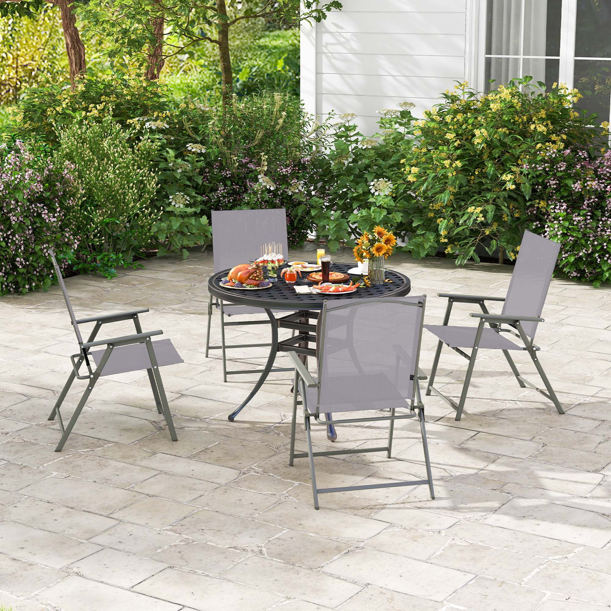 Costway 2pcs Patio Folding Portable Dining Chairs Metal Frame Armrests Outdoor Gray