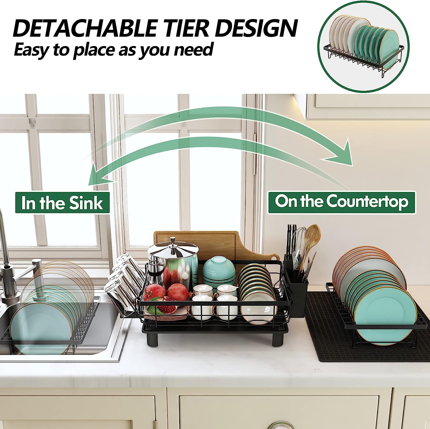 PHANCIR Dish Drying Rack for Kitchen, 2 Tier Stainless Steel Dish Racks Sink Organizer with Cutlery Holder, Space-Saving for Home, Black