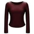 thumbnail image 5 of HomeDM Womens Long Sleeve T Shirts Crew Neck Slim Fitted Solid Color Basic Tops Side Shirring Shirts - Wine/L, 5 of 8