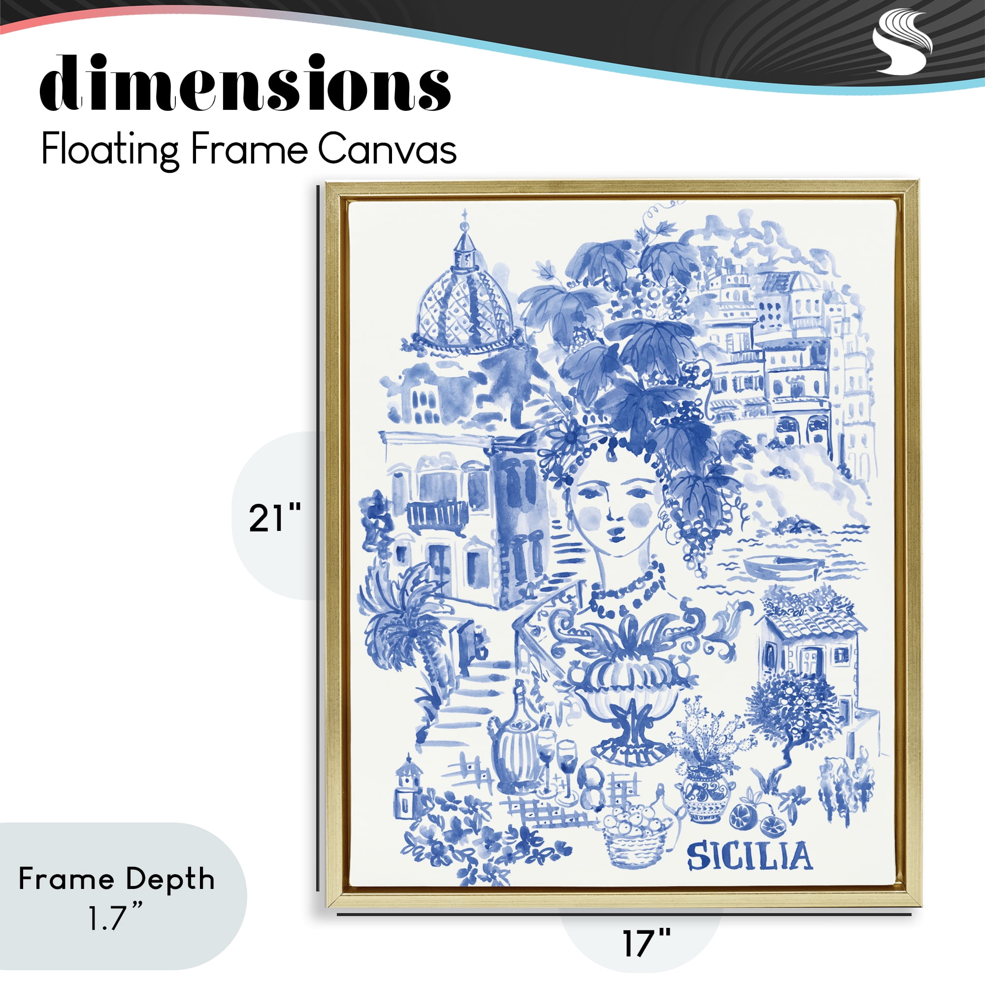 Stupell Industries Sicilia City In Blue Gold Framed Floater Canvas Wall Art, design by Karolina Sato