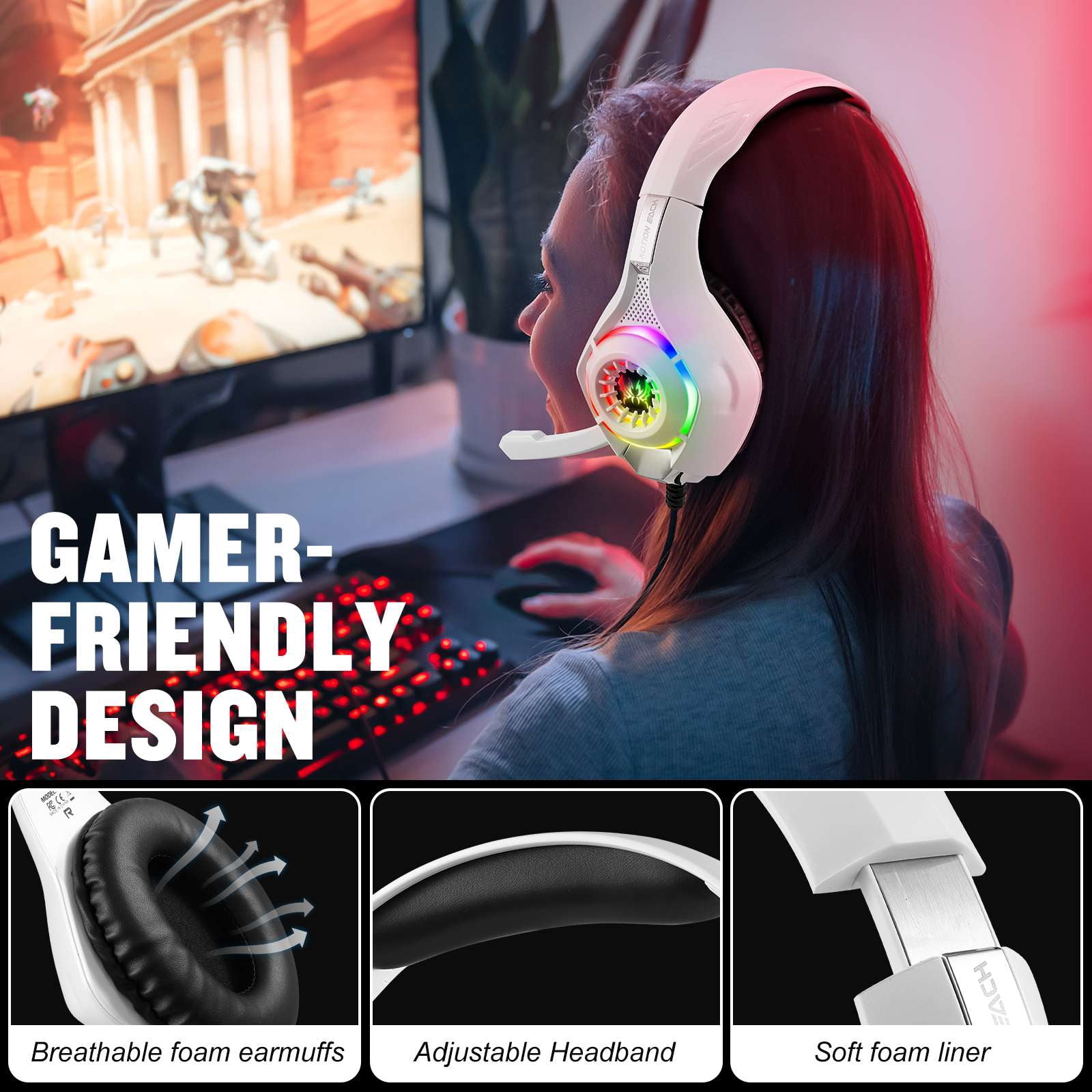 Gaming Headsets Wired for PS5 PS4 Switch Xbox One PC with 3.5MM,RGB Light,Noise Canceling Mic,Surround Sound,Over Ear Muffs Gaming Headphones,White