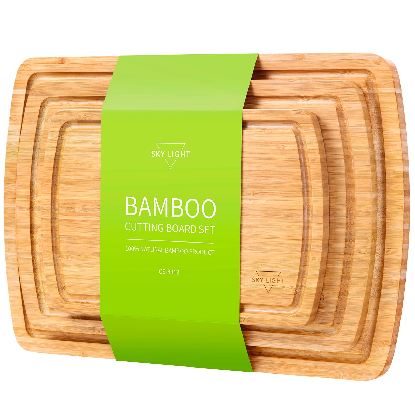 SKY LIGHT Bamboo Cutting Board Set of 3, Chopping Boards Set for Kitchen -  Pre-Oiled Wood Serving Charcuterie Tray with Juice Groove 