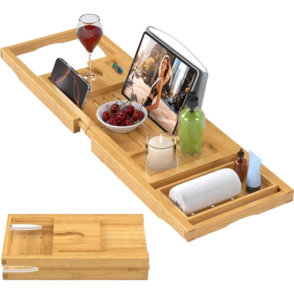 Foldable Bathtub Caddy Tray for Tub,Bamboo Expandable Bath Table Trays,Premium Bathroom Accessories for New Home & Mothers Day & Birthday Gifts for Couples