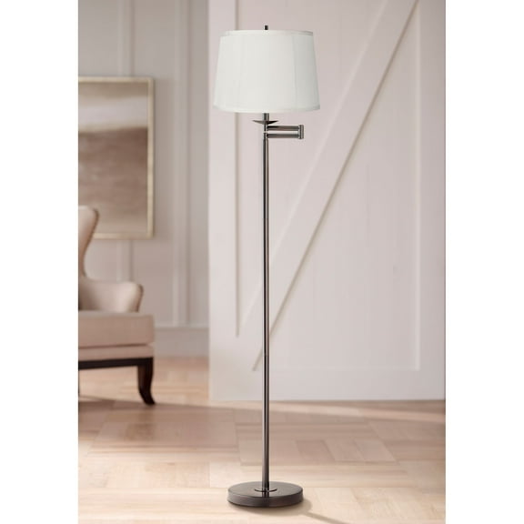 360 Lighting Modern Swing Arm Floor Lamp 60.5" Tall Bronze Beige Top Bottom Trim Fabric Drum Shade for Living Room Reading Bedroom Office