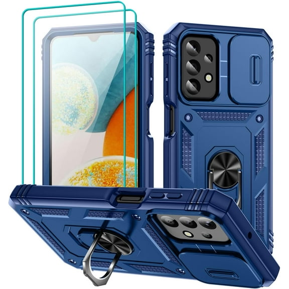 for Galaxy A23 5G Phone Case with Slide Camera Cover & Screen Protector*2, A23 Case Build in 360° Rotating Ring Kickstand, Military Grade Protective Case for Samsung Galaxy A23 5G Case, Blue