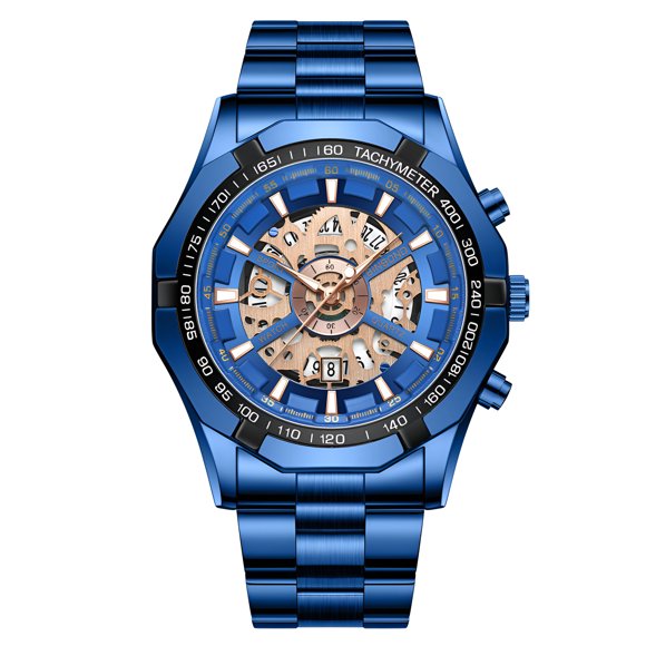 Reloj de Cuarzo Esqueleto para Hombre, Correa de Acero Inoxidable, Taquímetro, Indicador de Fecha, Resistente Al Agua, Luminoso, Reloj de Pulsera Deportivo de Negocios para Hombre