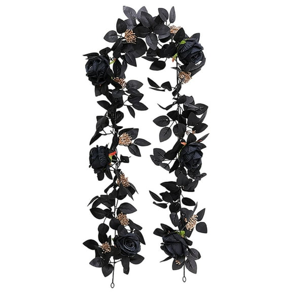 5.7FT Halloween Black Rose Garland with Maple Leaves, Artificial Fall Vine for Thanksgiving Decor, Flexible Hanging Garland for Home Wedding Party Wall Window Indoor Outdoor Decoration