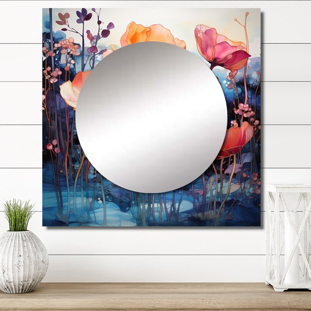 Designart "Landscape In Floral Alcohol Ink" Abstract Landscapes Square Mirror For Wall Decor - Large Beige Square Printed Wall Mirror Art - Square Modern Mirror - Wall Mounted Square Mirror