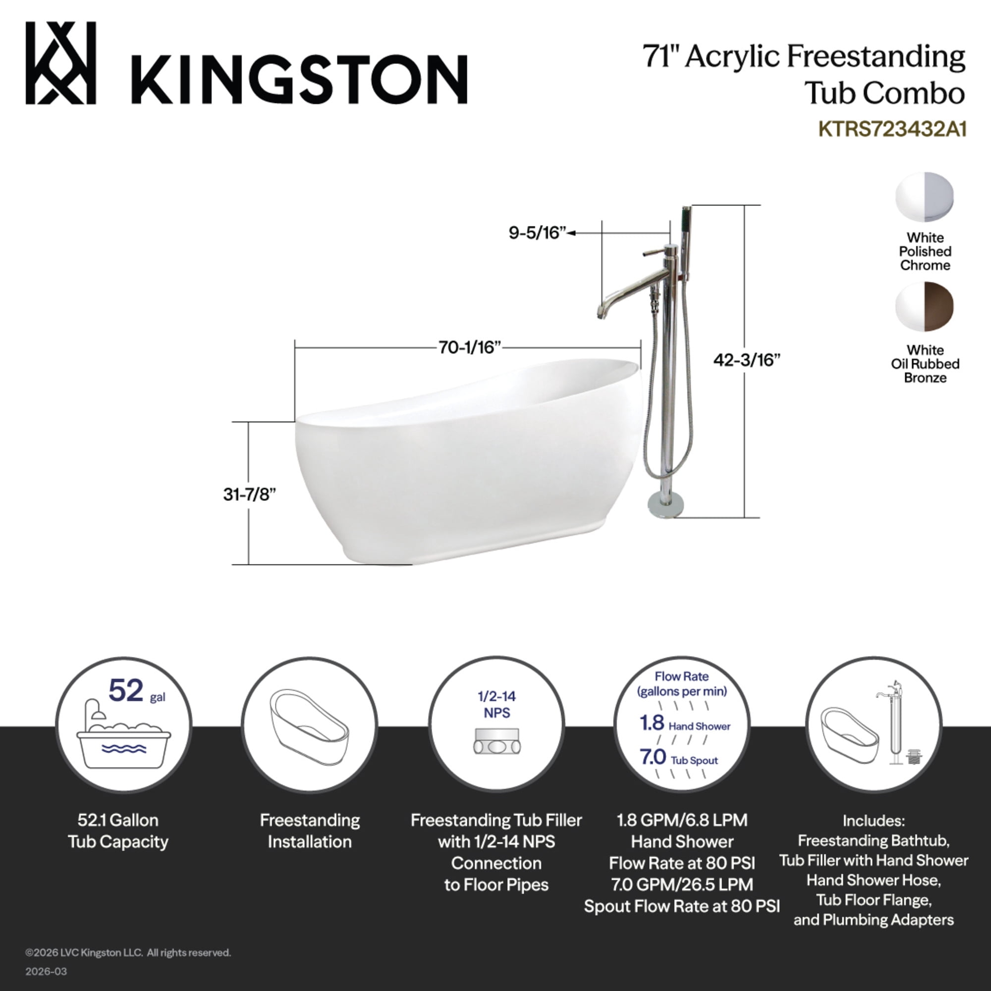 Aqua Eden KTRS723432A1 71-Inch Acrylic Oval Single Slipper Freestanding Tub with Faucet Combo and Drain in Glossy White/Polished Chrome