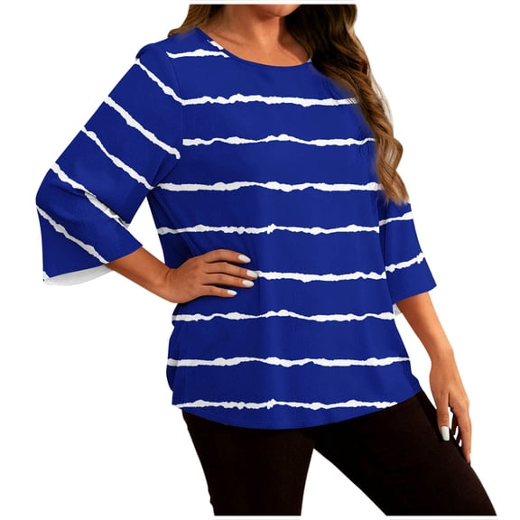 Womens Oversized Plus Size Tops, 3/4 Sleeve Shirts for Women Summer Fashion Loose Fit Striped Printed Crewneck T-Shirts