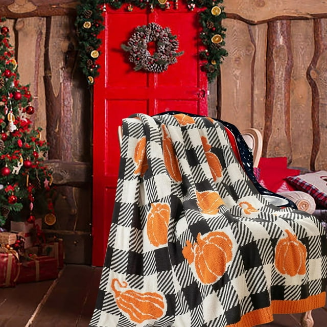 Sac Fall Blanket Orange Pumpkin Throw Blanket For Couch Ribbed Jacquard Soft Decorative Blanket Black White Checkered Pumpkin Throw Blankets For Halloween Warm Blanket for Winter The Softest Blanket