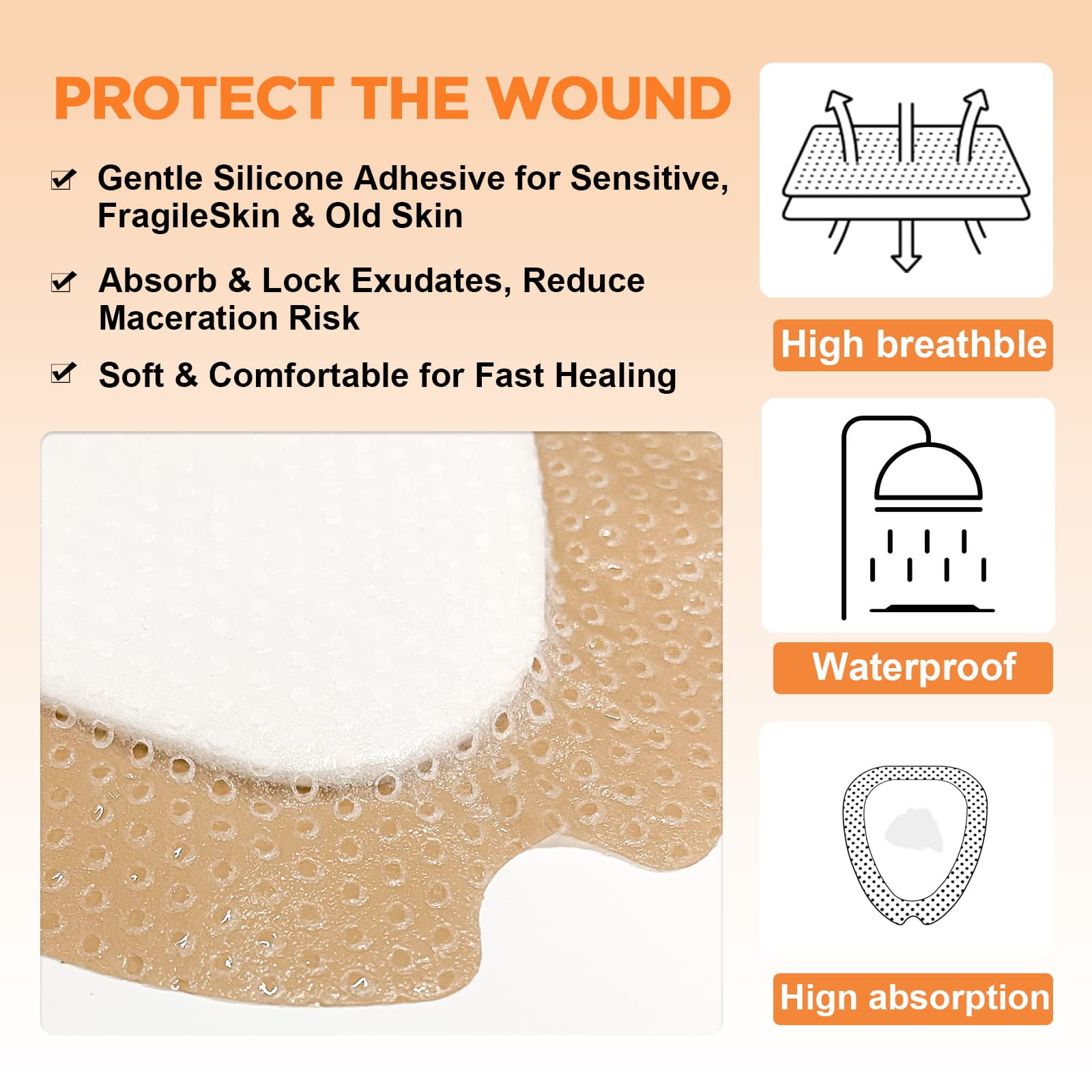 Carbou Wound Dressing Sacrum Silicone Foam Dressing with Adhesive Border, 6''x7'' Waterproof Sacral Pad for Sacrum,Butt Bed Sore,Pressure Ulcer,High Absorbent Wound Care Bandages,5 Pack