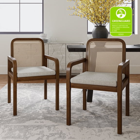 Tina's Home Rattan Dining Chairs Set of 2 Wood Armchairs Removable Cushion Home Kitchen Restaurant Acorn