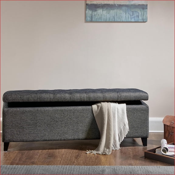 Storage Bench, Transitional Tufted Top with Solid Wood Legs | Charcoal | Polyester