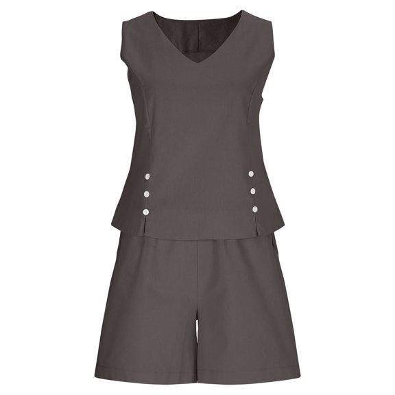 Costeam Womens 2 Piece Matching Outfit V Neck Sleeveless Side Button Crop Top Elastic High Waist Bermuda Shorts with Side Pockets Loose Fit Lightweight Soft Breathable Summer Casual Coordinate Set