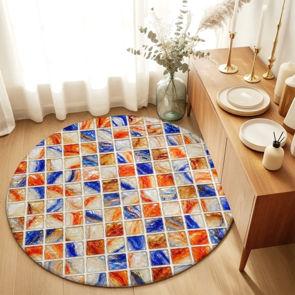 Round Rugs 3Ft, Modern Geometric Round Area Rug Washable Indoor Throw Carpet, Bohemia Marble Checkered Abstract Small Non Slip Circle Rug for Bedroom Living Room Home Decor Aesthetic