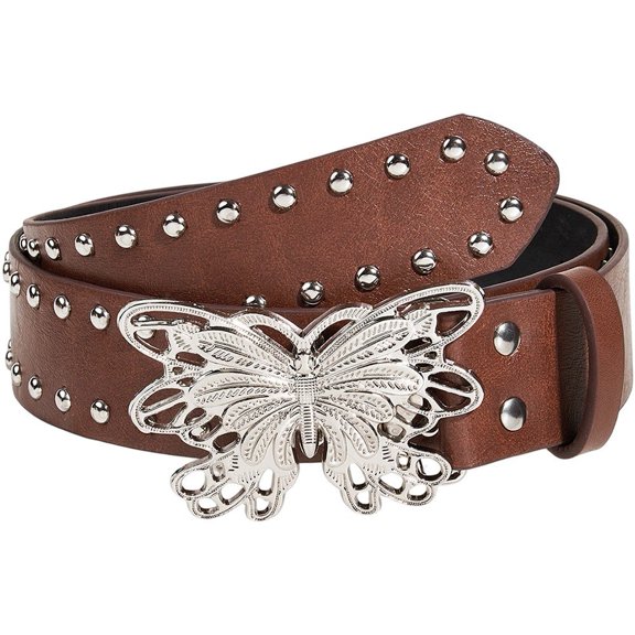 Byfri Openwork Butterfly Snap Buckle Brown Punk Belts 120cm Belts for Women Evening Dress Jeans Outfit