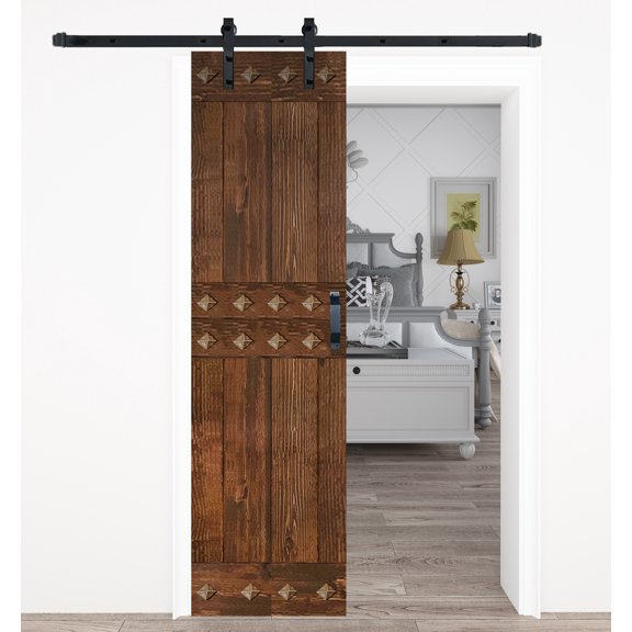 Mid-Century Style 24in.X 84in. Kona Coffee Finished Knotty Pine Wood Barn Door with Hardware Kit