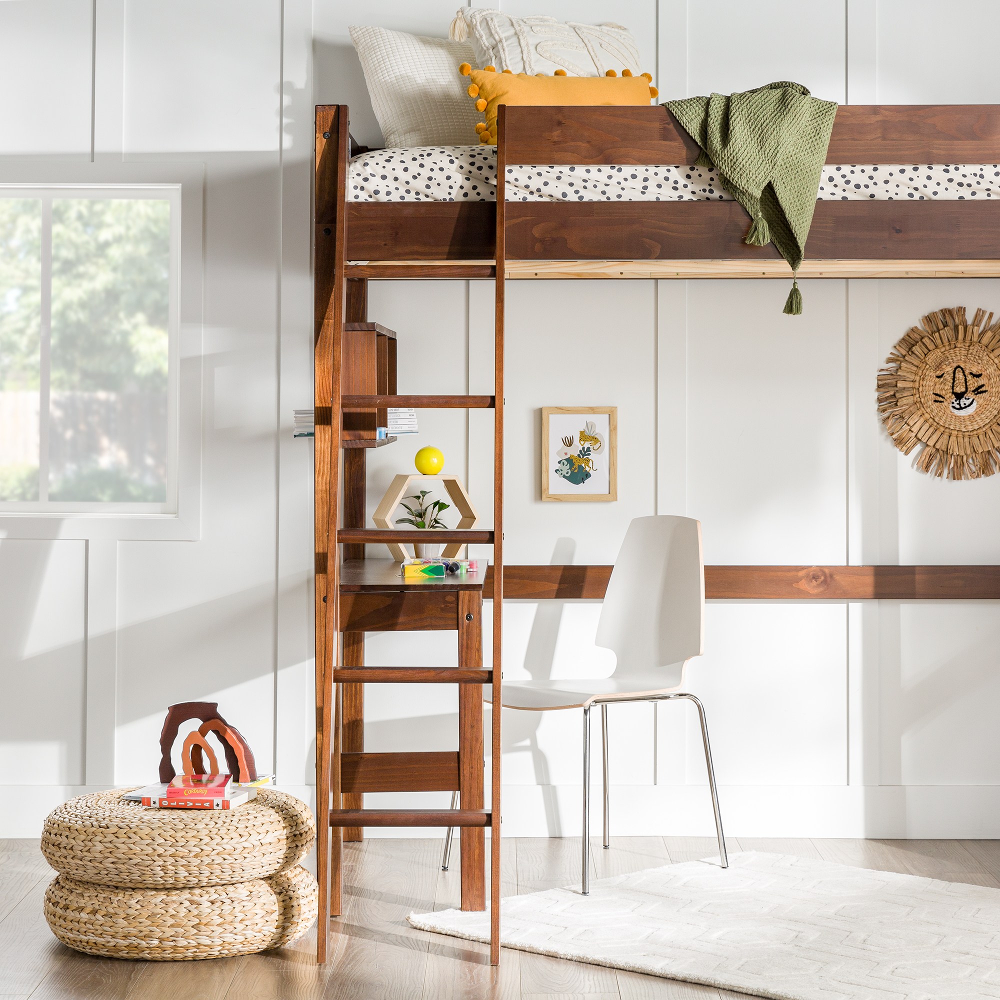 Manor Park Pine Wood Loft Bed Storage, Twin, Walnut