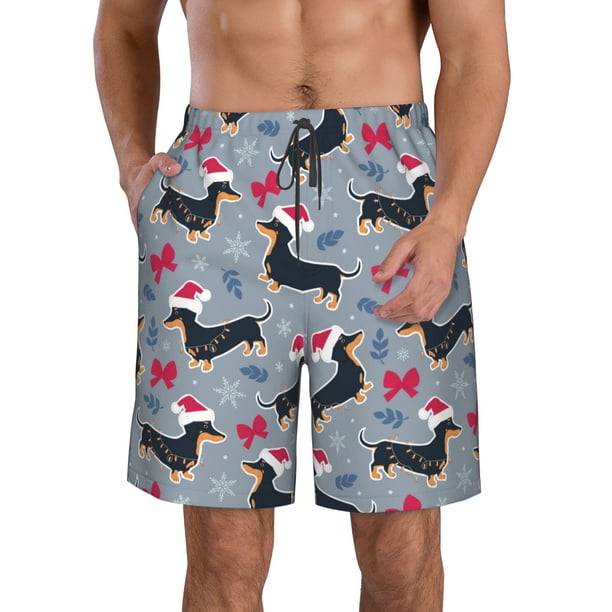 Balery Christmas Hat Dachshund Traje de Baño Estilo Hawaiano para Hombre, Shorts de Secado Rápido con Bolsillos-Small